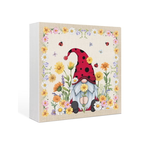 Wood Box Sign Floral Gnome Square Boxes Sgin Desk Decor Decorative Wood Block Plaque Spring Summer Floral Yellow Pink Wooden Signs for Home Tabletop Shelf Wall Office Room Table Decor Gifts 6"x6"
