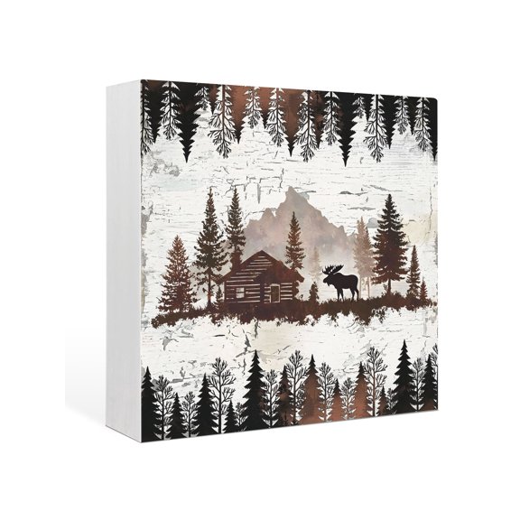 Wood Box Sign Forest Moose Square Boxes Sgin Desk Decor Decorative Wood Block Plaque Log Cabin Animal Pine Tree Woodland Wooden Signs for Home Tabletop Shelf Wall Office Room Table Decor Gifts 6"x6"