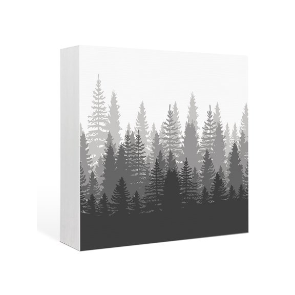 Wood Box Sign Forest Tree Square Boxes Sgin Desk Decor Decorative Wood Block Plaque Misty Forest Landscape Nature Gray Wooden Signs for Home Tabletop Shelf Wall Office Room Table Decor Gifts 6"x6"