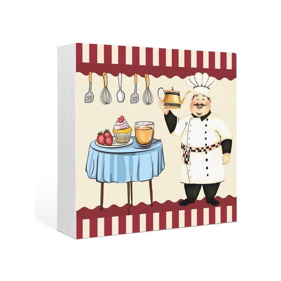 Wood Box Sign Funny Chef Kitchen Dessert Square Boxes Sgin Desk Decor Decorative Wood Block Plaque Red Stripes Wooden Signs for Home Tabletop Shelf Wall Office Room Table Decorations Gifts 6"x6"