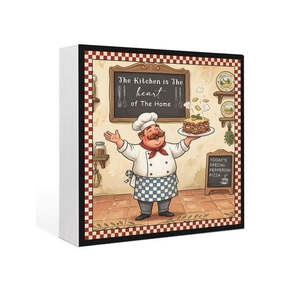 Wood Box Sign Funny Chef Square Boxes Sgin Desk Decor Decorative Wood Block Plaque Cozy Cooking Kitchen Red Plaid Wooden Signs for Home Tabletop Shelf Wall Office Room Table Decorations Gifts 6"x6"