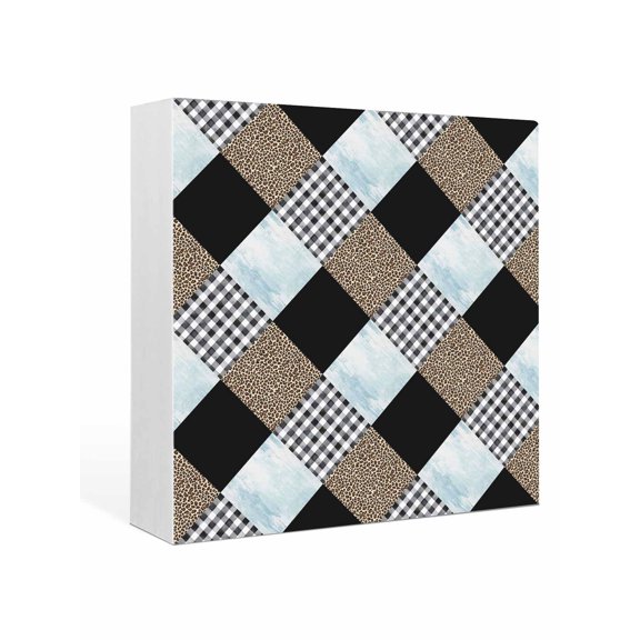Wood Box Sign Geometric Diamond Square Boxes Sgin Desk Decor Decorative Wood Block Plaque Blue Marble Black Plaid Leopard Print Wooden Signs for Home Tabletop Shelf Wall Office Table Decor 6"x6"