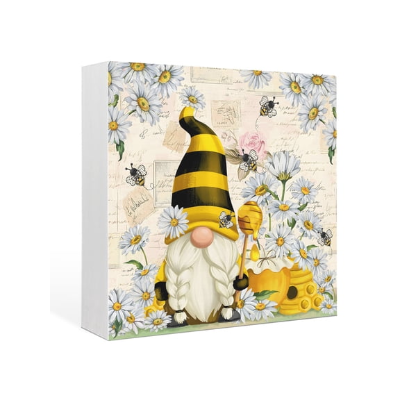 Wood Box Sign Gnome Honey Bee Square Boxes Sgin Desk Decor Decorative Wood Block Plaque Daisy Flower Vintage Wooden Signs for Home Tabletop Shelf Wall Office Room Table Decorations Gifts 6"x6"