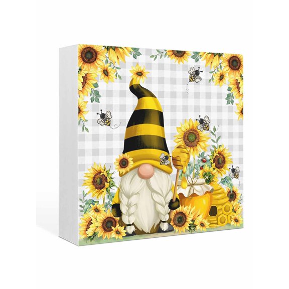 Wood Box Sign Gnome Honey Bee Square Boxes Sgin Desk Decor Decorative Wood Block Plaque Sunflower Grey Buffalo Plaid Wooden Signs for Home Tabletop Shelf Wall Office Room Table Decor Gifts 6"x6"