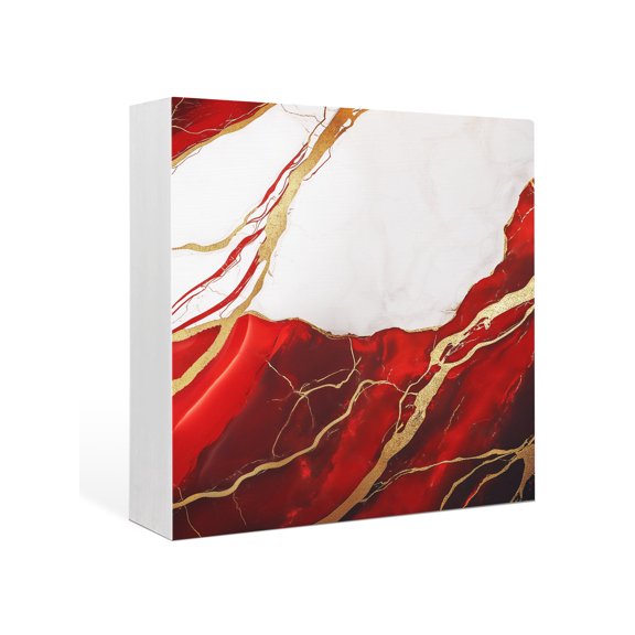 Wood Box Sign Gold Red Marble Square Boxes Sgin Desk Decor Decorative Wood Block Plaque Abstract Marble Wooden Signs for Home Tabletop Shelf Wall Office Room Table Decorations Gifts 6"x6"