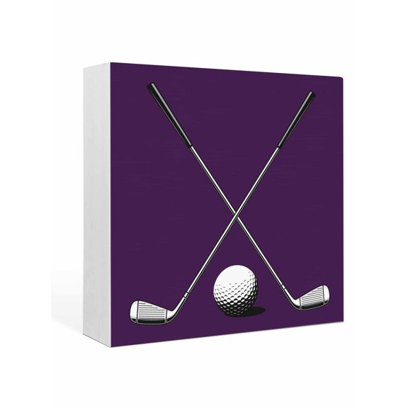 Wood Box Sign Golf Ball Club Square Boxes Sgin Desk Decor Decorative Wood Block Plaque Game Sports Purple Wooden Signs for Home Tabletop Shelf Wall Office Room Table Decorations Gifts 6"x6"