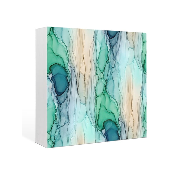 Wood Box Sign Green Beige Marble Veins Square Boxes Sgin Desk Decor Decorative Wood Block Plaque Modern Art Water Ripples Wooden Signs for Home Tabletop Shelf Wall Office Table Decor Gifts 6"x6"