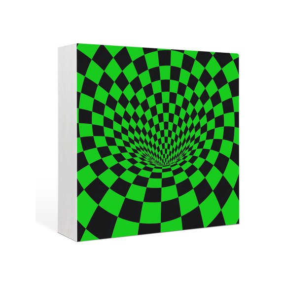 Wood Box Sign Green Black Checker Square Boxes Sgin Desk Decor Decorative Wood Block Plaque 3D Abstract Mosaic Tiles Wooden Signs for Home Tabletop Shelf Wall Office Room Table Decor Gifts 6"x6"