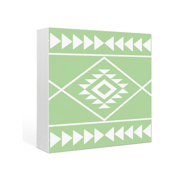 Wood Box Sign Green Bohemian Geometric Square Boxes Sgin Desk Decor Decorative Wood Block Plaque Boho Tribal Arrows Wooden Signs for Home Tabletop Shelf Wall Office Room Table Decor Gifts 6"x6"