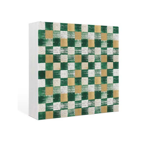 Wood Box Sign Green Gold Squares Block Square Boxes Sgin Desk Decor Decorative Wood Block Plaque Geometric Checkerboard Wooden Signs for Home Tabletop Shelf Wall Office Room Table Decor Gifts 6"x6"