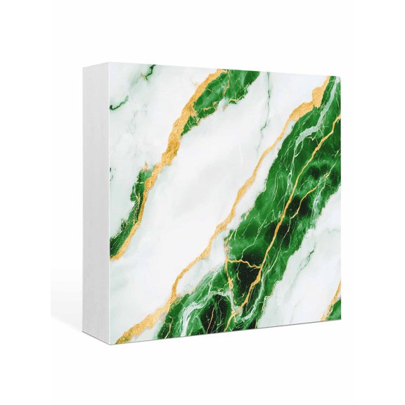 Wood Box Sign Green Marble Square Boxes Sgin Desk Decor Decorative Wood Block Plaque Gold Abstract Art Wooden Signs for Home Tabletop Shelf Wall Office Room Table Decorations Gifts 6"x6"