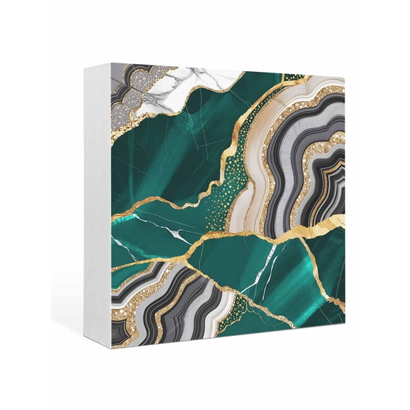 Wood Box Sign Green Marble Texture Square Boxes Sgin Desk Decor Decorative Wood Block Plaque Abstract Gold Fluid Wooden Signs for Home Tabletop Shelf Wall Office Room Table Decorations Gifts 6"x6"