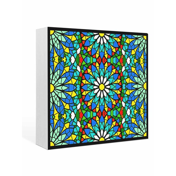 Wood Box Sign Green Stained Glass Flower Square Boxes Sgin Desk Decor Decorative Wood Block Plaque Shiny Tiling Bohemian Wooden Signs for Home Tabletop Shelf Wall Office Room Table Decor Gifts 6"x6"