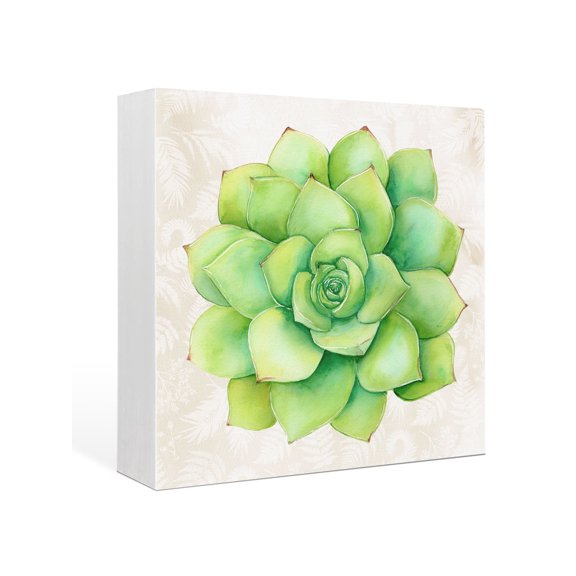 Wood Box Sign Green Succulent Square Boxes Sgin Desk Decor Decorative Wood Block Plaque Green Leaves Ferns Plants Wooden Signs for Home Tabletop Shelf Wall Office Room Table Decorations Gifts 6"x6"