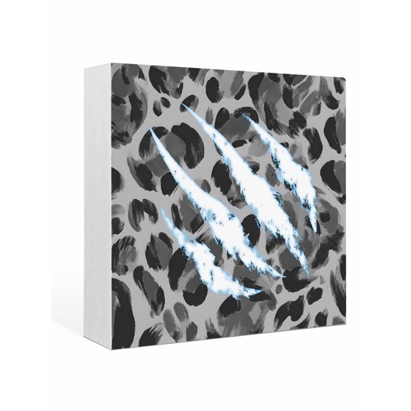 Wood Box Sign Grey Leopard Print Square Boxes Sgin Desk Decor Decorative Wood Block Plaque Modern Cool Animal Claw Marks Wooden Signs for Home Tabletop Shelf Wall Office Room Table Decor Gifts 6"x6"