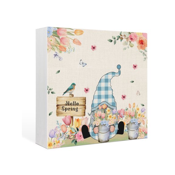 Wood Box Sign Hello Spring Gnome Square Boxes Sgin Desk Decor Decorative Wood Block Plaque Tulip Floral Bird Butterfly Wooden Signs for Home Tabletop Shelf Wall Office Room Table Decor Gifts 6"x6"