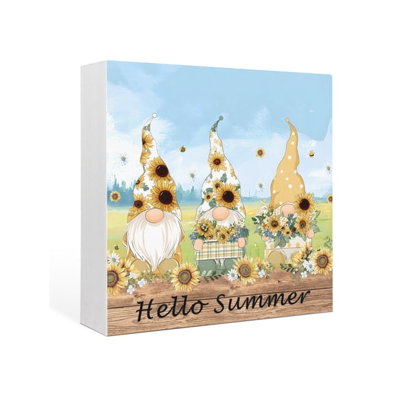 Wood Box Sign Hello Summer Square Boxes Sgin Desk Decor Decorative Wood Block Plaque Daisy Sunflowers Gnomes Blue Sky Wooden Signs for Home Tabletop Shelf Wall Office Room Table Decor Gifts 6"x6"
