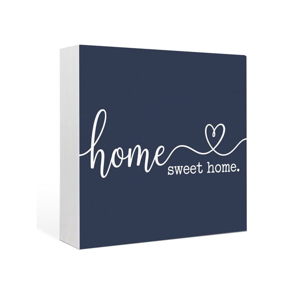 Wood Box Sign Home Sweet Home Square Boxes Sgin Desk Decor Decorative Wood Block Plaque Navy Blue Solid Color Wooden Signs for Home Tabletop Shelf Wall Office Room Table Decorations Gifts 6"x6"