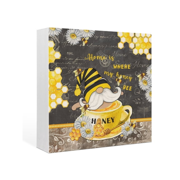 Wood Box Sign Honey Bee Gnome Square Boxes Sgin Desk Decor Decorative Wood Block Plaque Daisy Flower Black Wooden Signs for Home Tabletop Shelf Wall Office Room Table Decorations Gifts 6"x6"