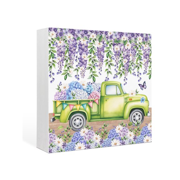 Wood Box Sign Hydrangea Green Truck Square Boxes Sgin Desk Decor Decorative Wood Block Plaque Butterfly Daisy Flower Wooden Signs for Home Tabletop Shelf Wall Office Room Table Decor Gifts 6"x6"