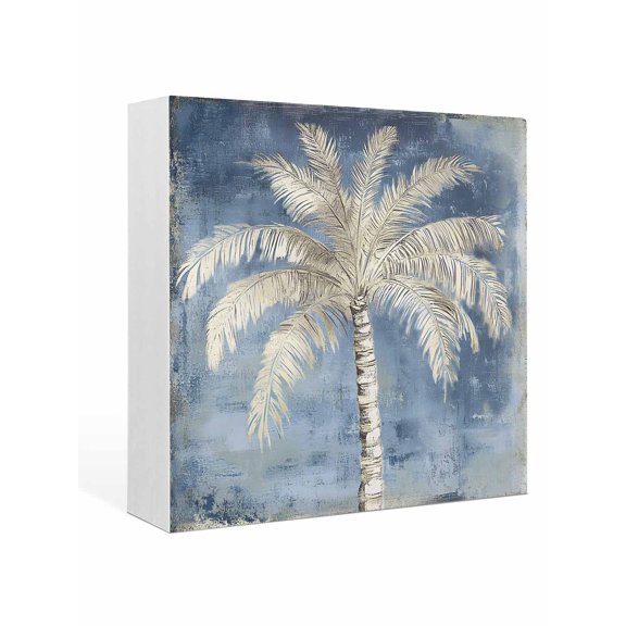 Wood Box Sign Indigo Palm Tree Square Boxes Sgin Desk Decor Decorative Wood Block Plaque Summer Tropical Jungle Wooden Signs for Home Tabletop Shelf Wall Office Room Table Decorations Gifts 6"x6"