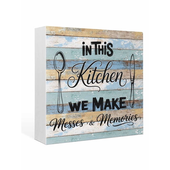 Wood Box Sign Kitchen Art Text Square Boxes Sgin Desk Decor Decorative Wood Block Plaque Spoon Knife Blue Wood Grain Wooden Signs for Home Tabletop Shelf Wall Office Room Table Decor Gifts 6"x6"