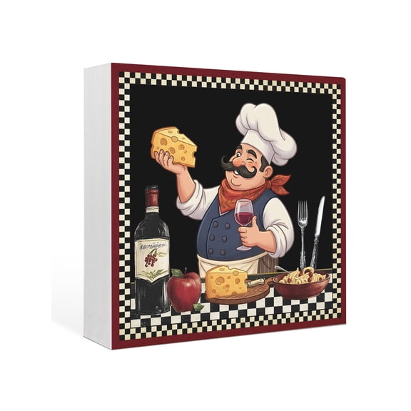 Wood Box Sign Kitchen Chef Square Boxes Sgin Desk Decor Decorative Wood Block Plaque Red Wine Cheese Bistro Black Buffalo Plaid Wooden Signs for Home Tabletop Shelf Wall Office Table Decor 6"x6"