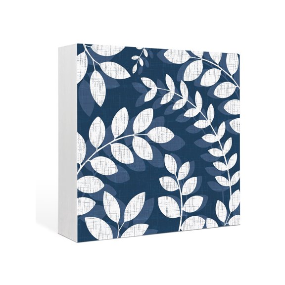 Wood Box Sign Leaf Branches Square Boxes Sgin Desk Decor Decorative Wood Block Plaque Navy Blue Linen Leaves Plant Wooden Signs for Home Tabletop Shelf Wall Office Room Table Decorations Gifts 6"x6"