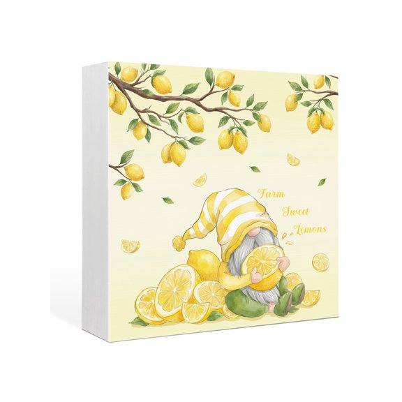 Wood Box Sign Lemon Gnome Square Boxes Sgin Desk Decor Decorative Wood Block Plaque Yellow Summer Fruit Branches Wooden Signs for Home Tabletop Shelf Wall Office Room Table Decorations Gifts 6"x6"