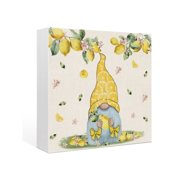 Wood Box Sign Lemon Gnome Square Boxes Sgin Desk Decor Decorative Wood Block Plaque Yellow Summer Fruit Floral Leaves Linen Wooden Signs for Home Tabletop Shelf Wall Office Table Decor Gifts 6"x6"