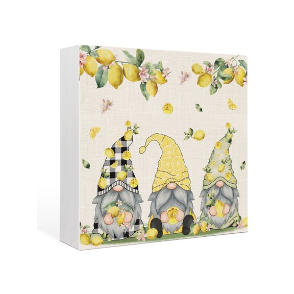 Wood Box Sign Lemon Gnome Square Boxes Sgin Desk Decor Decorative Wood Block Plaque Yellow Summer Fruit Flower Linen Wooden Signs for Home Tabletop Shelf Wall Office Room Table Decor Gifts 6"x6"