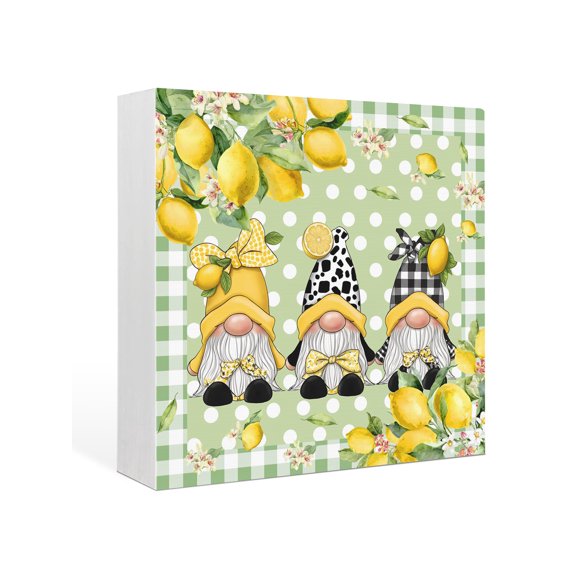 Wood Box Sign Lemon Gnomes Square Boxes Sgin Desk Decor Decorative Wood Block Plaque Sage Green Polka Dot Plaid Wooden Signs for Home Tabletop Shelf Wall Office Room Table Decorations Gifts 6"x6"