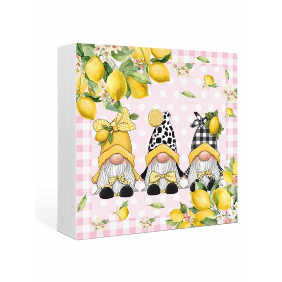 Wood Box Sign Lemon Gnomes Square Boxes Sgin Desk Decor Decorative Wood Block Plaque Summer Pink Polka Dot Plaid Wooden Signs for Home Tabletop Shelf Wall Office Room Table Decorations Gifts 6"x6"