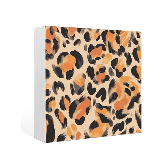 Wood Box Sign Leopard Print Square Boxes Sgin Desk Decor Decorative Wood Block Plaque Modern Cool Animal Claw Marks Wooden Signs for Home Tabletop Shelf Wall Office Room Table Decor Gifts 6"x6"