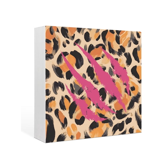 Wood Box Sign Leopard Print Square Boxes Sgin Desk Decor Decorative Wood Block Plaque Pink Modern Cool Animal Claw Marks Wooden Signs for Home Tabletop Shelf Wall Office Room Table Decor Gifts 6"x6"