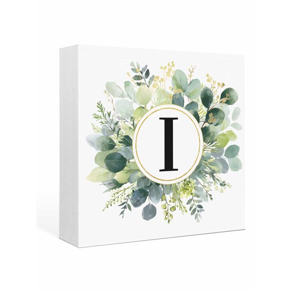 Wood Box Sign Letter I Square Boxes Sgin Desk Decor Decorative Wood Block Plaque Alphabet Green Eucalyptus Leaves Wooden Signs for Home Tabletop Shelf Wall Office Room Table Decorations Gifts 6"x6"