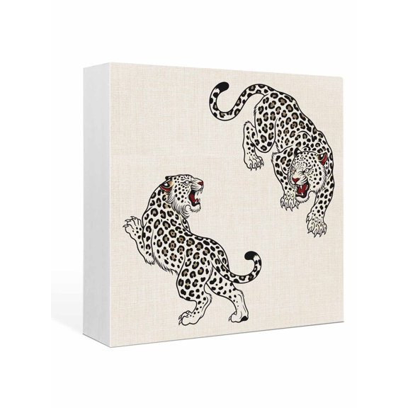 Wood Box Sign Linen Leopard Square Boxes Sgin Desk Decor Decorative Wood Block Plaque Bohemian Animal Print Wooden Signs for Home Tabletop Shelf Wall Office Room Table Decorations Gifts 6"x6"