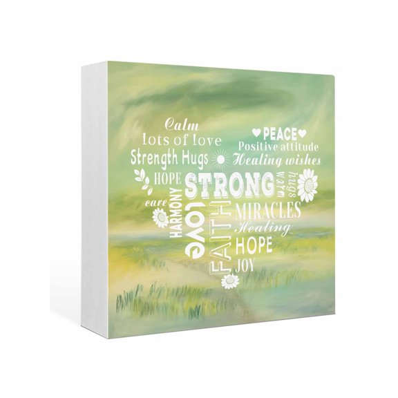Wood Box Sign Love Text Square Boxes Sgin Desk Decor Decorative Wood Block Plaque Warm Embraces Positive Energy Green Wooden Signs for Home Tabletop Shelf Wall Office Room Table Decor Gifts 6"x6"