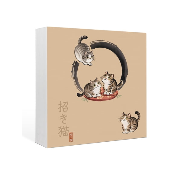 Wood Box Sign Lucky Cat Square Boxes Sgin Desk Decor Decorative Wood Block Plaque Cute Japanese Style Beige Wooden Signs for Home Tabletop Shelf Wall Office Room Table Decorations Gifts 6"x6"