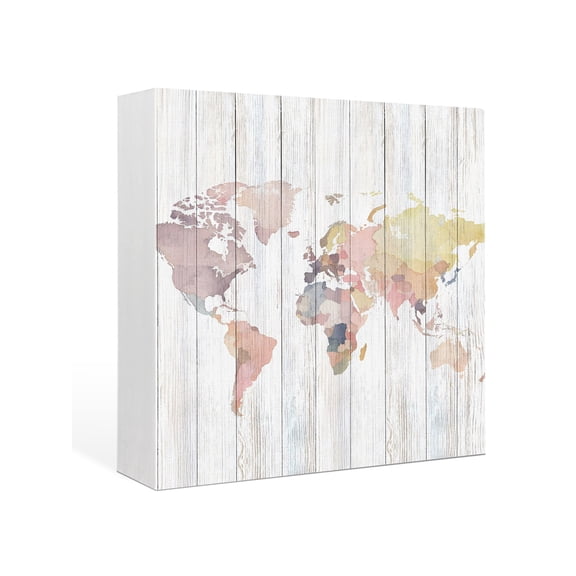 Wood Box Sign Maps Of The World Square Boxes Sgin Desk Decor Decorative Wood Block Plaque Earth Tourism Wood Grain Wooden Signs for Home Tabletop Shelf Wall Office Room Table Decorations Gifts 6"x6"