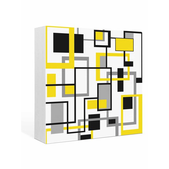 Wood Box Sign Modern Geometric Abstract Square Boxes Sgin Desk Decor Decorative Wood Block Plaque Mid Century Yellow Wooden Signs for Home Tabletop Shelf Wall Office Room Table Decor Gifts 6"x6"