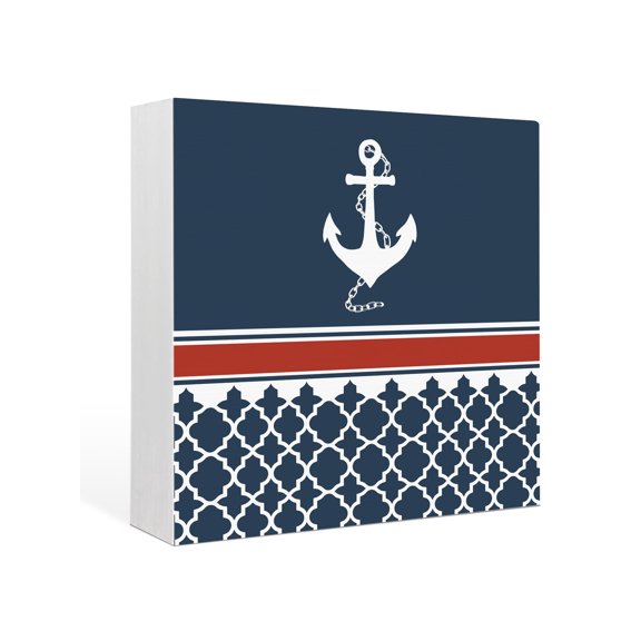 Wood Box Sign Nautical Anchor Square Boxes Sgin Desk Decor Decorative Wood Block Plaque Red Navy Blue Geometric Stripes Wooden Signs for Home Tabletop Shelf Wall Office Room Table Decor Gifts 6"x6"