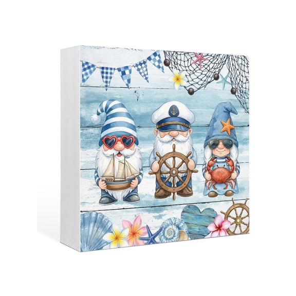 Wood Box Sign Nautical Gnomes Square Boxes Sgin Desk Decor Decorative Wood Block Plaque Ocean Crab Ship Rudder Wooden Signs for Home Tabletop Shelf Wall Office Room Table Decorations Gifts 6"x6"