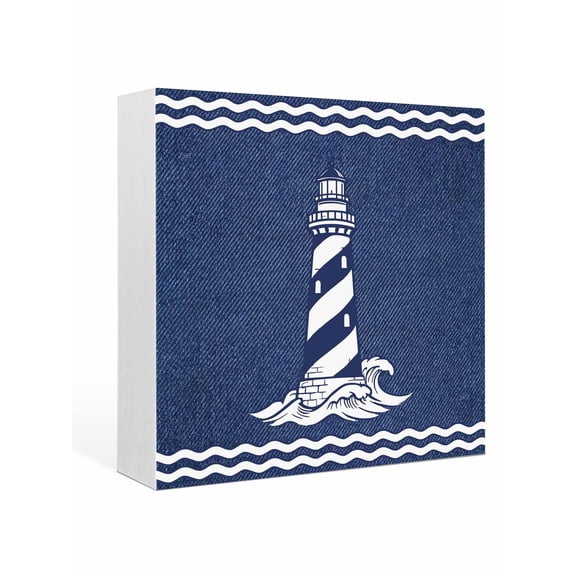 Wood Box Sign Nautical S Lighthouse Square Boxes Sgin Desk Decor Decorative Wood Block Plaque Coastal Denim Blue Stripes Wooden Signs for Home Tabletop Shelf Wall Office Room Table Decor Gifts 6"x6"