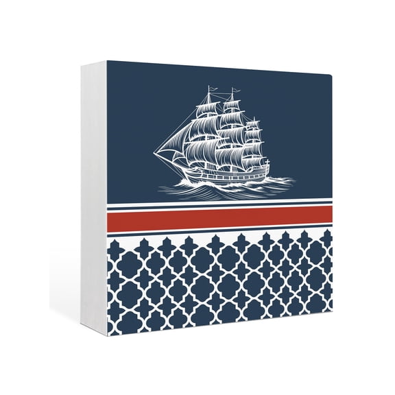 Wood Box Sign Nautical Sailing Boats Square Boxes Sgin Desk Decor Decorative Wood Block Plaque Red Navy Blue Geometric Stripes Wooden Signs for Home Tabletop Shelf Wall Office Table Decor 6"x6"
