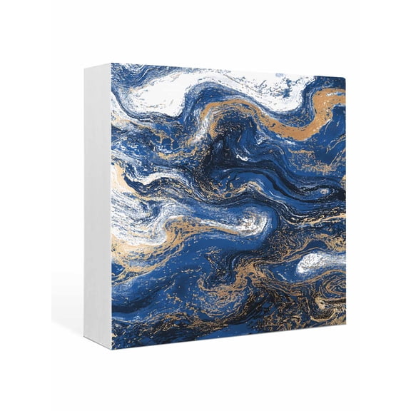 Wood Box Sign Navy Blue Marble Square Boxes Sgin Desk Decor Decorative Wood Block Plaque Abstract Fluid Art Wooden Signs for Home Tabletop Shelf Wall Office Room Table Decorations Gifts 6"x6"