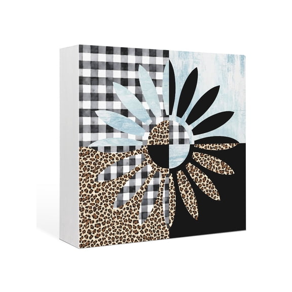 Wood Box Sign Ombre Blue Daisy Square Boxes Sgin Desk Decor Decorative Wood Block Plaque Leopard Print Plaid Wooden Signs for Home Tabletop Shelf Wall Office Room Table Decorations Gifts 6"x6"