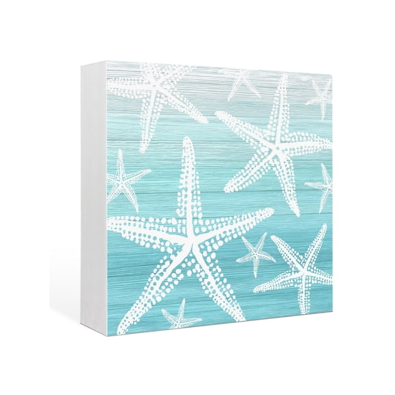 Wood Box Sign Ombre Teal Starfish Square Boxes Sgin Desk Decor Decorative Wood Block Plaque Summer Beach Coastal Wooden Signs for Home Tabletop Shelf Wall Office Room Table Decorations Gifts 6"x6"