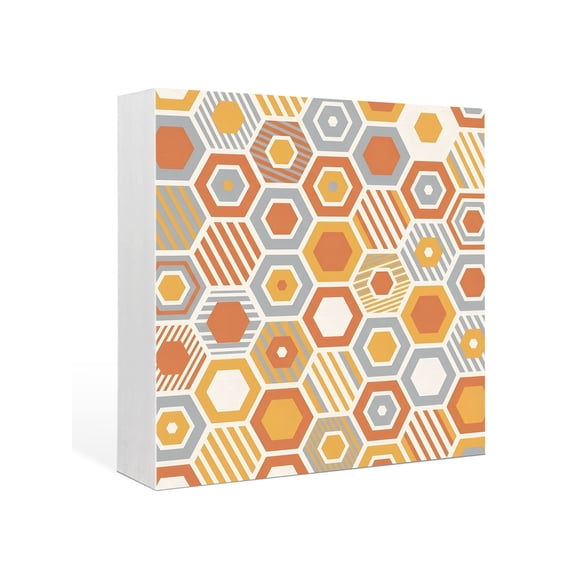 Wood Box Sign Orange Gray Hexagon Square Boxes Sgin Desk Decor Decorative Wood Block Plaque Abstract Geometric Art Wooden Signs for Home Tabletop Shelf Wall Office Room Table Decorations Gifts 6"x6"