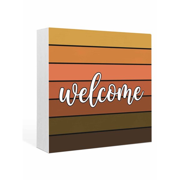 Wood Box Sign Orange Stripes Square Boxes Sgin Desk Decor Decorative Wood Block Plaque Wood Striped Welcom Wooden Signs for Home Tabletop Shelf Wall Office Room Table Decorations Gifts 6"x6"